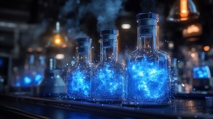 Glowing Blue Particles in Glass Bottles in a Dark Laboratory