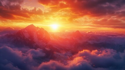 Fototapeta premium Fiery Sunset Over Snowy Mountain Peaks