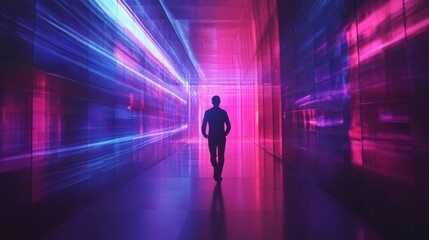 Silhouette of a Person Walking Through a Vibrant Neon Hallway with Dynamic Light Patterns