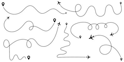 Airplane line path icon. Air plane flight route with line trace vector illustration. Dashed route travel concept. Plane flight way wallpaper isolated on white background. Aviation track symbol.