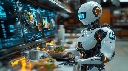 Futuristic White Robot Preparing Food in a Modern Kitchen