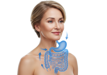 Woman with healthy digestion on white background, closeup. Arrows symbolizing proper functioning of digestive tract isolated on White background