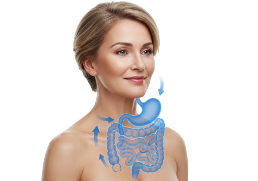 Woman with healthy digestion on white background, closeup. Arrows symbolizing proper functioning of digestive tract isolated on White background