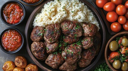 Moroccan lamb kefta with couscous, sides, overhead