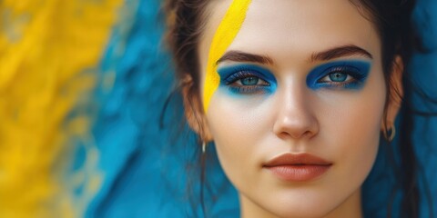 Fototapeta premium Empowering Resilience: Portrait of a woman, adorned in the national colors of Ukraine, embodies strength and hope. A striking fusion of beauty and solidarity, a powerful visual statement.