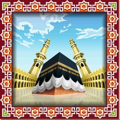 A depiction of the Kaaba in Mecca, featuring two minarets and an ornate border with geometric patterns. The sky is a bright blue with a few clouds, adding to the vibrant and serene atmosphere.