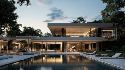 Obraz premium Luxurious Modern Villa with Infinity Pool at Dusk