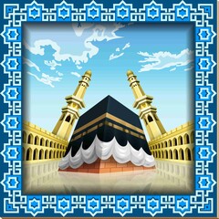 An architectural depiction highlights the Kaaba surrounded by two minarets under a clear sky adorned with clouds. A decorative blue geometric border frames the scene, adding an intricate touch.