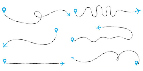 Airplane routes, Travel icon, Travel from start point and dotted line tracing, Plane routes flight air dotted map drawing