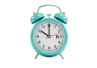 Daylight saving time. Turquoise alarm clock on white background. Highlighted area and arrow showing time change by one hour forward isolated on White background