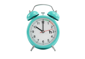 Daylight saving time. Turquoise alarm clock on white background. Highlighted area and arrow showing time change by one hour forward isolated on White background