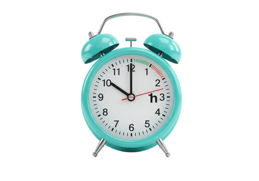 Daylight saving time. Turquoise alarm clock on white background. Highlighted area and arrow showing time change by one hour forward isolated on White background