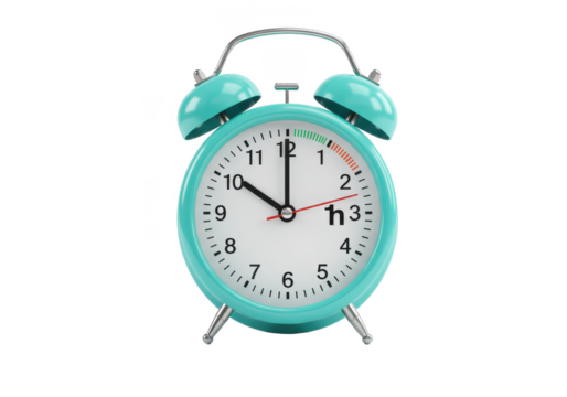 Daylight saving time. Turquoise alarm clock on white background. Highlighted area and arrow showing time change by one hour forward isolated on White background