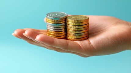 Close-up view of colorful coins stacked on a delicate hand against a white background