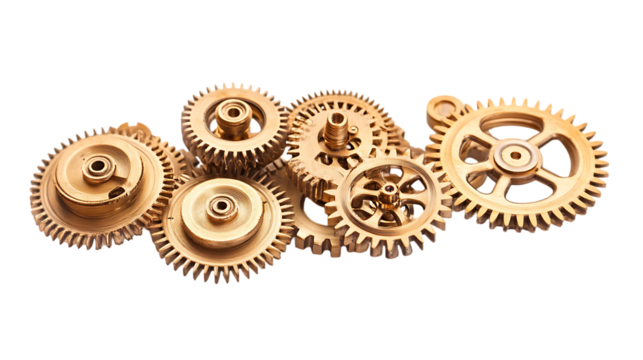 The image showcases several golden gears interlocking, symbolizing mechanics, engineering, and the interconnectedness of complex systems.