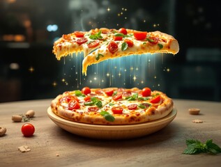 A Floating AI Pizza That Customizes Itself Based on Business Metrics, Representing Italy’s Smart Economy