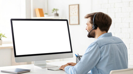 man wearing headset is sitting desk, focused blank computer screen bright, modern office environment. atmosphere conveys sense