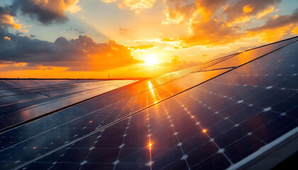 Solar panels, golden sunset, dramatic sky, sun rays, reflective surface, renewable energy