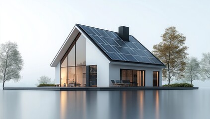 modern sustainable home with solar panels reflecting in water creating tranquil energy efficient scene