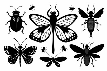 butterfly dragonfly bee ladybug line art silhouette vector illustration