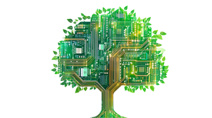 The image displays a digital tree composed of electronic components and green leaves, symbolizing technology and nature.