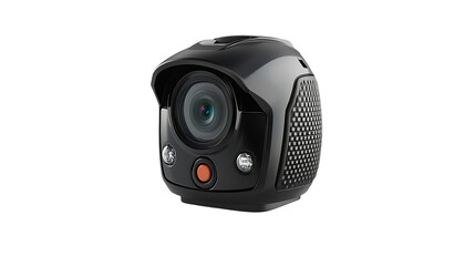 The image features a black dash cam with an orange button centered on a black background.