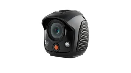The image features a black dash cam with an orange button centered on a black background.