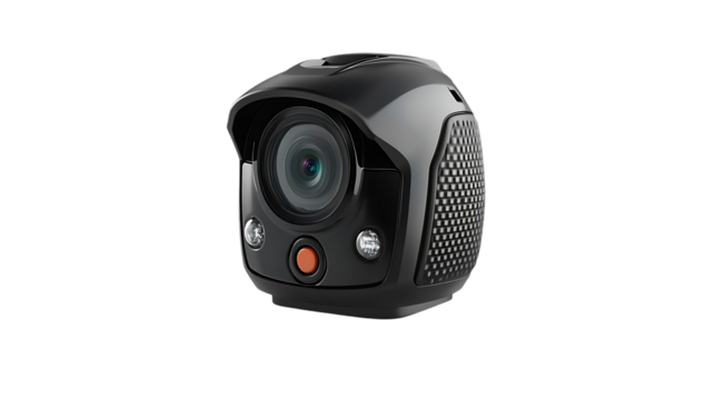The image features a black dash cam with an orange button centered on a black background.
