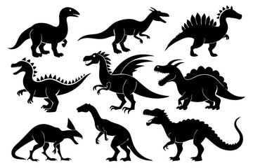 dinosaurs set line art silhouette vector illustration