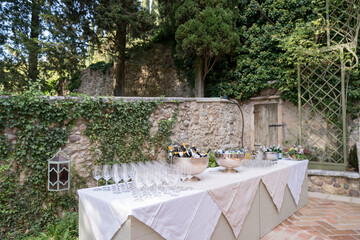 Set festive buffet with bottles of alcohol in huge bowls with ice and empty glasses