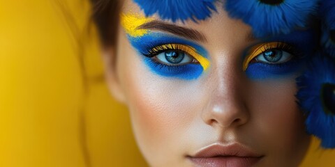 Fototapeta premium Artistic Makeup Portrait: Captivating close-up shot of a woman's face adorned with striking blue and yellow artistic makeup.