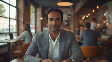 Obraz premium Man in suit in a cafe setting looking at camera with blurred figures background