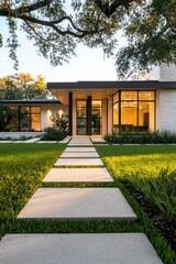 Fototapeta premium Suburban modern home exterior with path leads to the front door for real estate