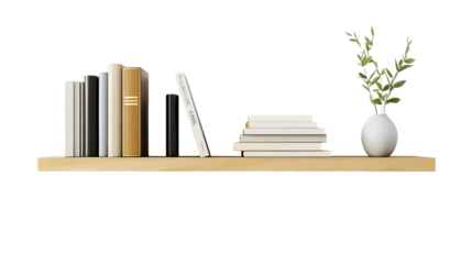The image displays a neat row of books, a stack of books, and a vase with greenery on a simple wooden shelf.