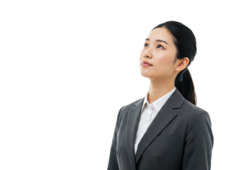 Thinking business woman looking up isolated on White background