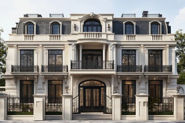 Fototapeta premium Elegant luxury mansion showcasing classic architecture with grand entrance, intricate detailing, and beautifully landscaped surroundings in a serene neighborhood