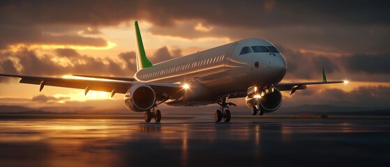 Obraz premium Jet Plane Taxiing on Runway at Sunset