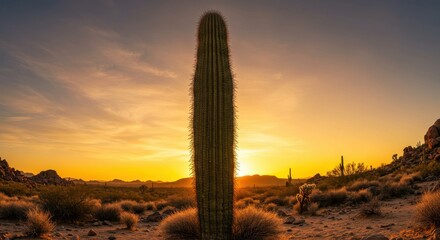 Majestic cactus silhouetted against a vibrant sunset in desert landscape