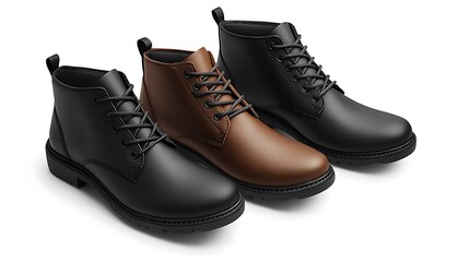 Three pairs of men's leather ankle boots in black, brown, and tan.