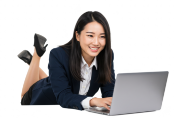 Portrait of a happy young business woman lying on the table and working on a laptop isolated on White background