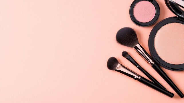Arrangement of makeup brushes and cosmetics on a soft pink background for beauty enthusiasts