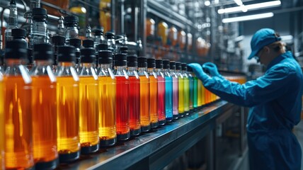 Quality control technicians inside a beverage plant checking liquid consistency, modern industrial setting