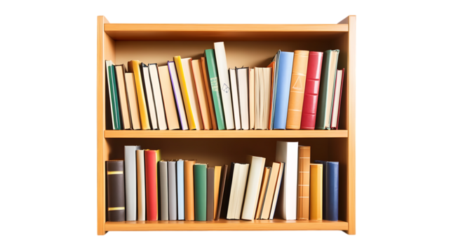 Image shows a wooden bookcase, filled with a colorful variety of books on two shelves.