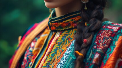Obraz premium Close-up Portrait of a Woman in Colorful Traditional Attire with Intricate Patterns in Nature