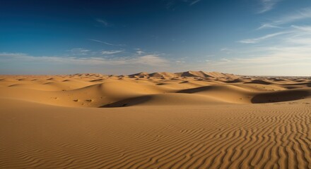 Expansive Desert Landscape with Rolling Sand Dunes Under Blue Sky