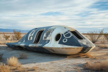 Abandoned futuristic spaceship resting in a vast desert landscape under a cloudy sky