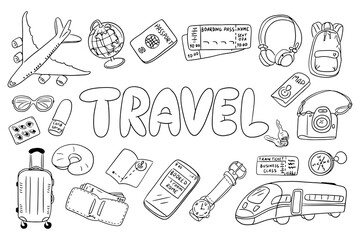 A collection of travel-related doodles, including an airplane, train, passport, suitcase, camera. A hand-drawn vector illustration perfect for travel designs, adventure concepts, and coloring pages.