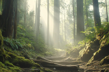 Obraz premium Sunlight filters through dense forest