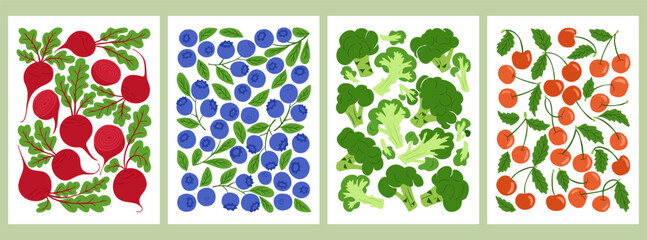 A set of colorful fruit and vegetable poster with beets, blueberries, broccoli, and cherries. A hand-drawn vector illustration perfect for organic food, vegan lifestyle, and farm market designs.