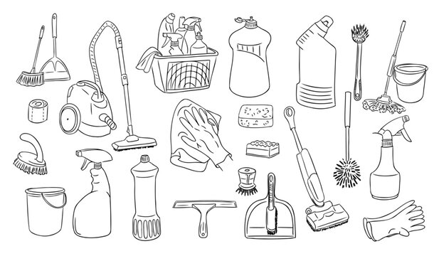 A collection of various cleaning tools and supplies, including brushes, sprays, gloves, sponges, and a vacuum cleaner. A hand-drawn vector illustration perfect for household, and cleaning service